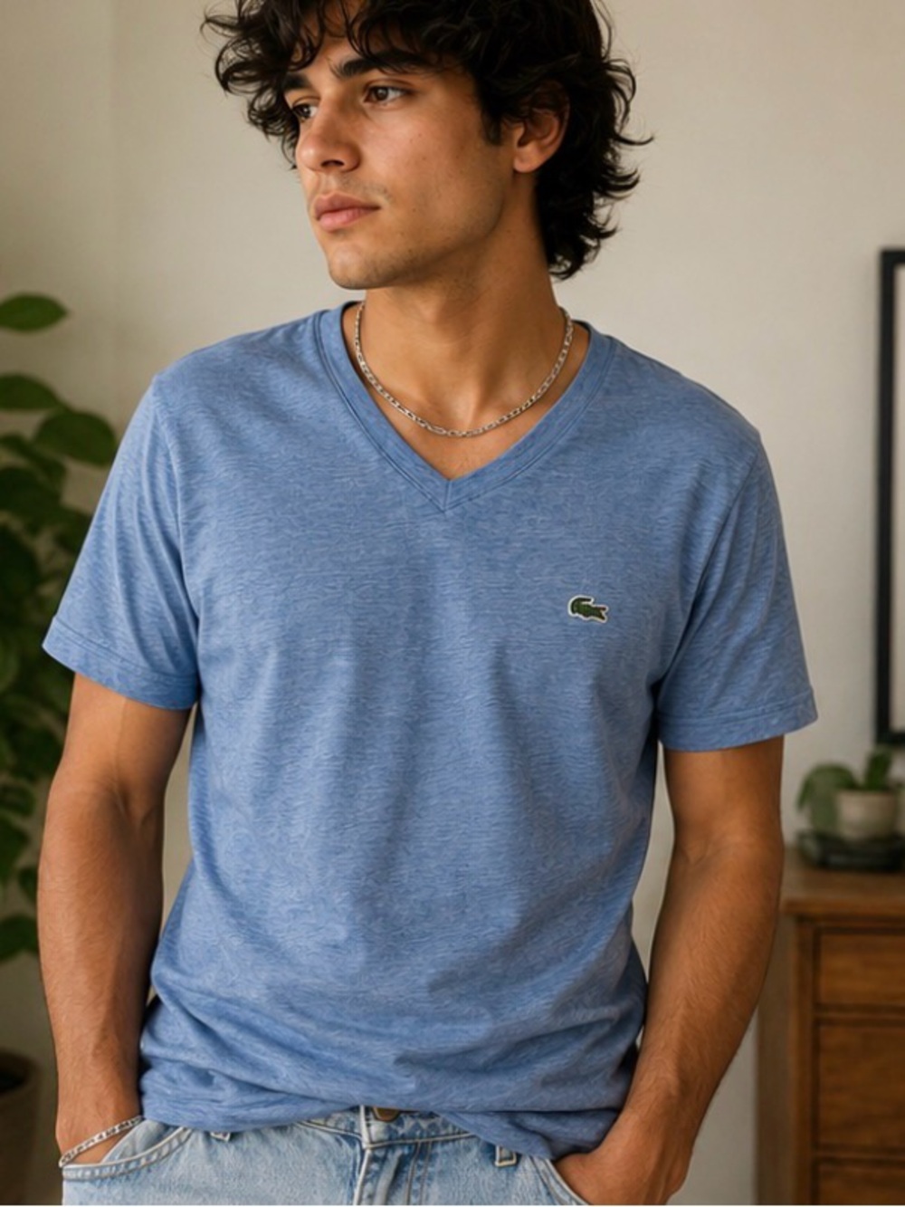 Lacoste Men’s Regular Fit Heather Blue V-Neck T-Shirt 100% Cotton Logo Tee